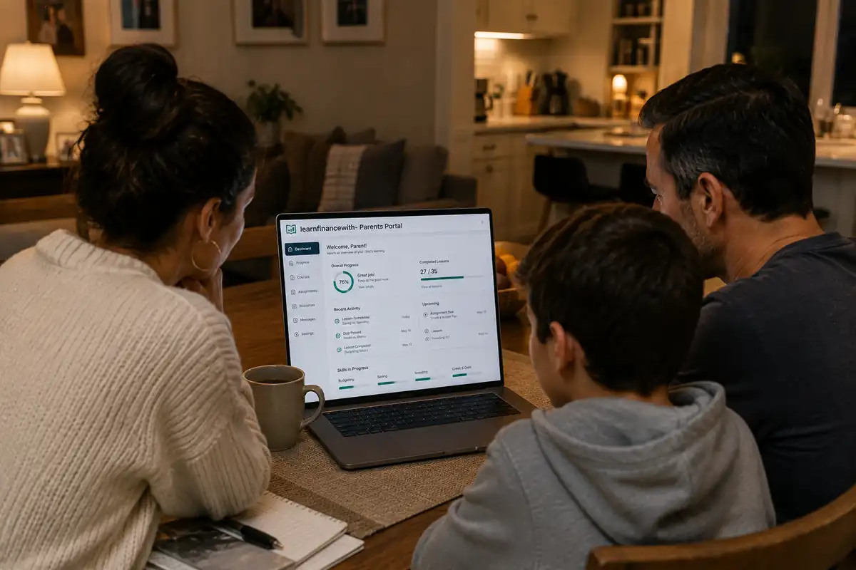 A family looks over their child’s learning progress together at a kitchen table. Illustration.