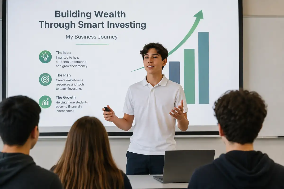 A student presents their business project — the idea, the plan, the growth — to classmates. Illustration.